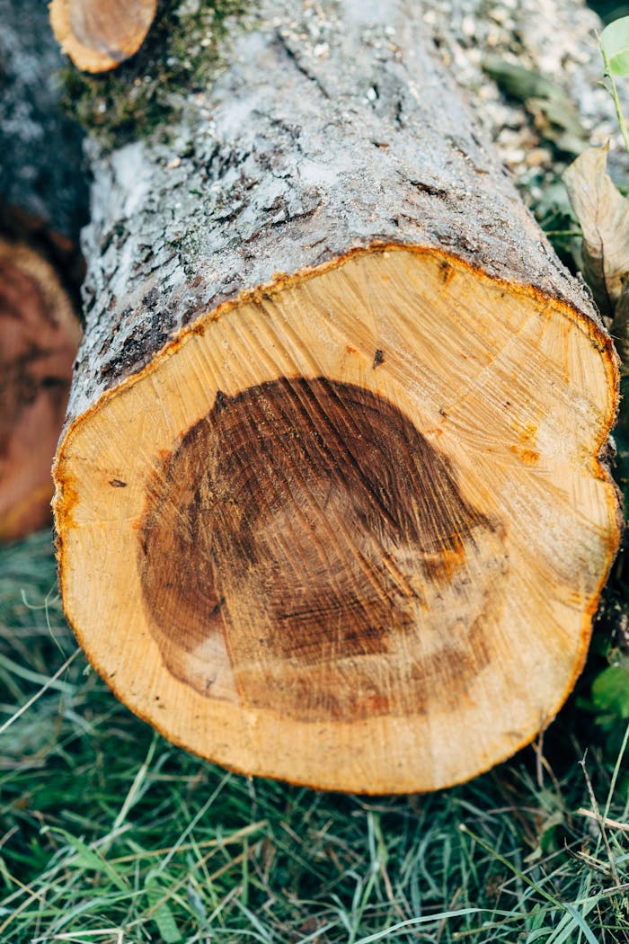 Close-up of a tree log with visible rings and texture, lying outdoors.
